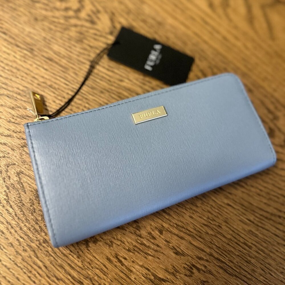 NWT！NEW！Furla L-Zip Long Wallet -Women Soffiano Leather -Blue Tempesta/Authentic